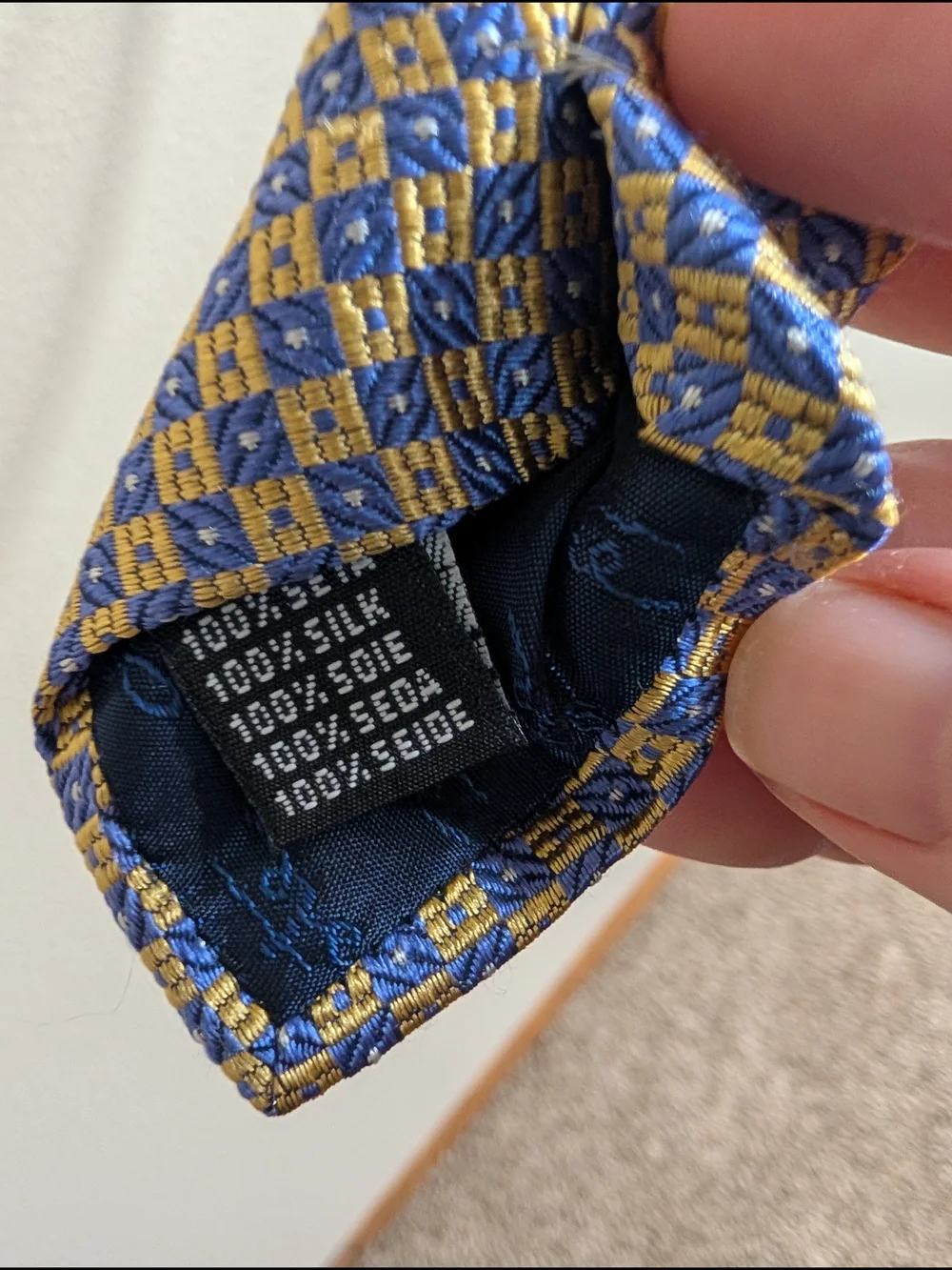 D'Este 100% Silk Tie Made‎ in Italy | Gold & Blue Geometric Jacquard